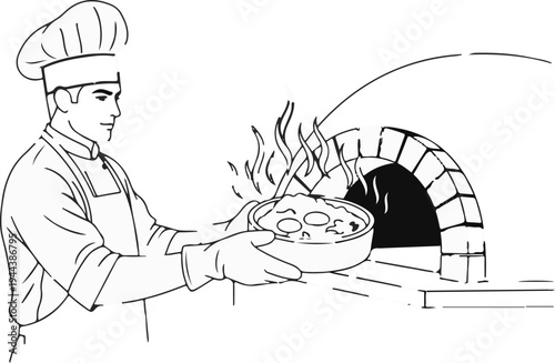 Chef with oven-cooked meal, flames rising from dish