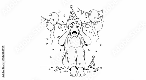 Child distressed at a party, covered in confetti, wearing a party hat