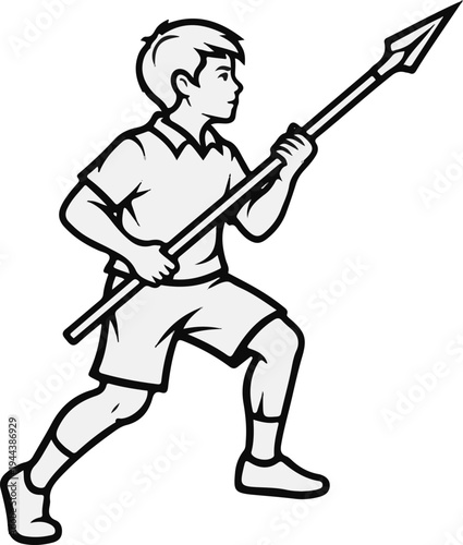 Cartoon boy in athletic stance holding a long spear, ready to throw