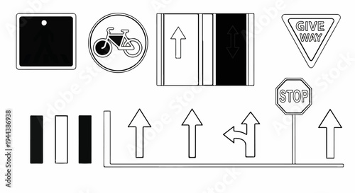 Collection of traffic signs including a stop, give way, bicycle, pedestrian, and direction arrows