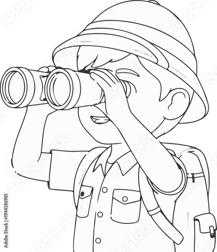 Child explorer wearing hat and backpack peers through binoculars with excitement