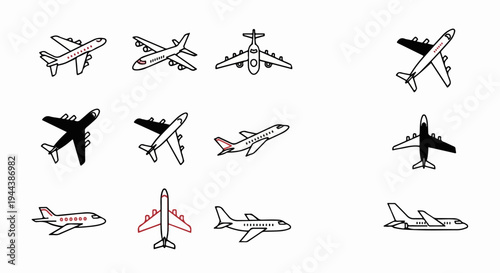 Collection of stylized airplane icons in various perspectives and color schemes