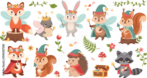 Whimsical Woodland Fairy Tale Animals Set Featuring Fox, Rabbit, Squirrel, Hedgehog, and Raccoon as Royals and Magical Creatures