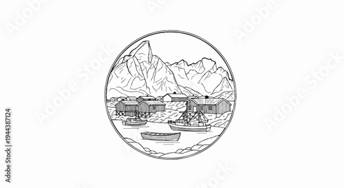 Coastal village with mountains, boats, and structures within a circular frame