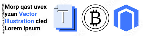 Cryptocurrency, blockchain, digital technology, typography, data protection, digital design. Icons Bitcoin, typography and data protection. Cryptocurrency and blockchain innovation concept