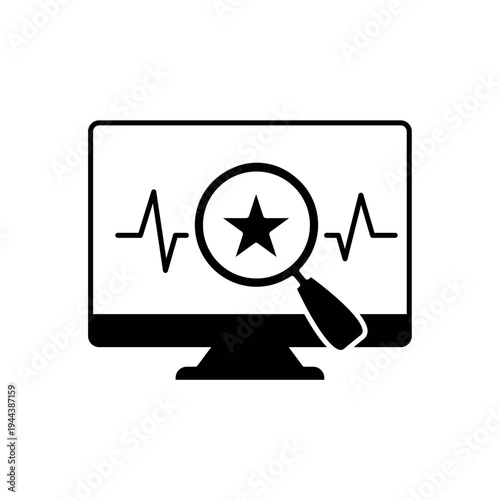 icon a reputation monitoring on monitor with wave and magnifying glass, isolated against a clean background.