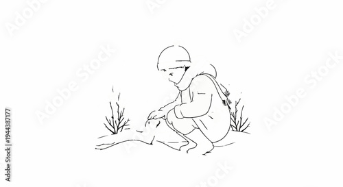 Child in winter clothing crouching in snow near barren branches