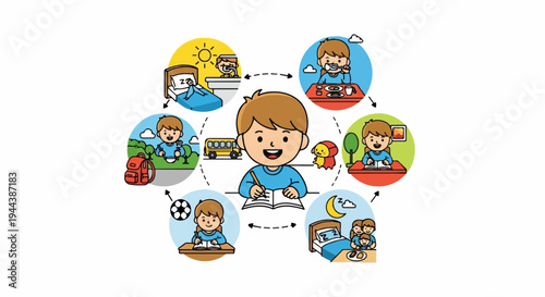 Cartoon child's daily routine depicted in circular illustrations