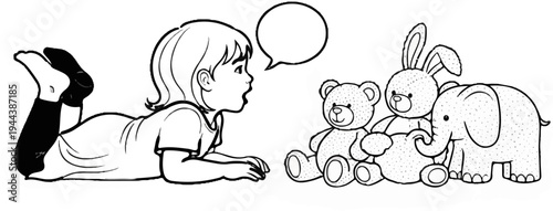 Child lying down talking to stuffed animals, teddy bear, bunny, elephant
