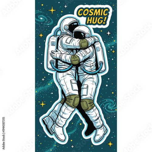Photos Retro Comic Astronauts Cosmic Hug Poster Vector