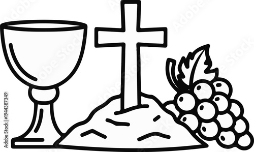 Christian symbols chalice, cross on mound, and grapes with leaf