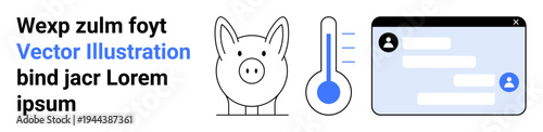 Finance, health, communication, savings, digital services, analytics. Piggy bank, thermometer and chat window symbols. Finance and health concepts are interconnected with digital communication