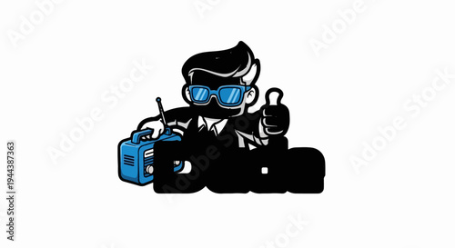 Cartoon figure in suit, sunglasses, holding boombox, gives thumbs up