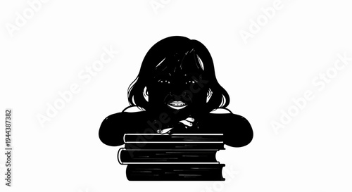 Cartoon figure with wide eyes and an open mouth smiles over a stack of books