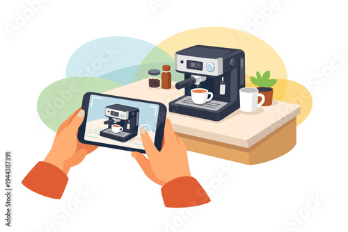 Hands holding smartphone taking picture of espresso machine on table.