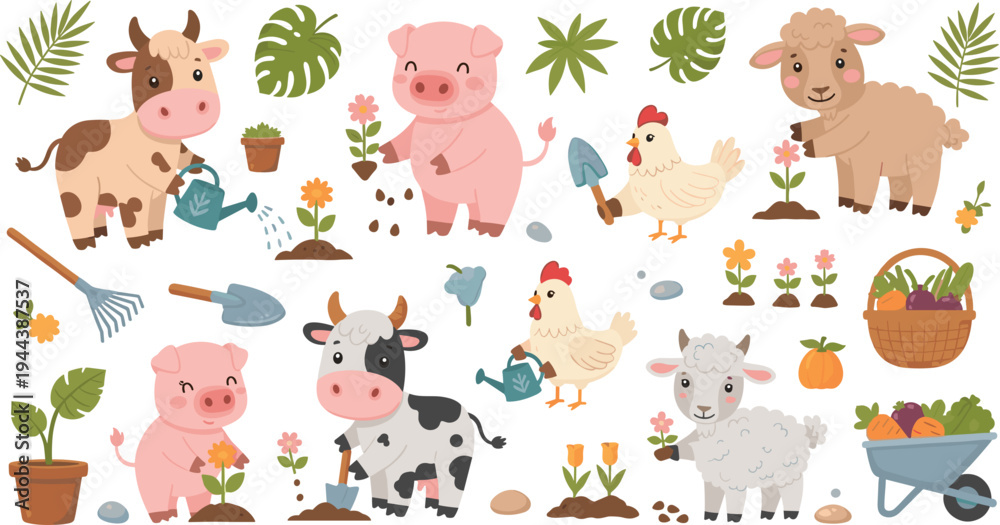 Obraz premium Farm Animals Gardening Set Featuring Cow, Pig, Chicken, and Sheep with Plants, Tools, and Harvest for Whimsical Illustrations