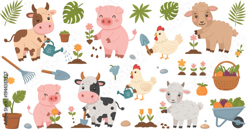 Farm Animals Gardening Set Featuring Cow, Pig, Chicken, and Sheep with Plants, Tools, and Harvest for Whimsical Illustrations