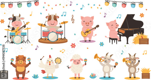 Musical Farm Animals Set Featuring Cow, Pig, Chicken, Sheep, and Goat Playing Instruments in a Fun Band Performance