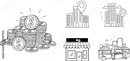 Cartoon illustrations depict financial growth, business locations, and marketplace commerce