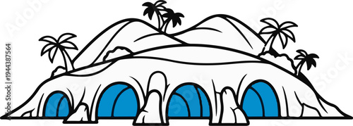 Cartoon island with caves and palm trees