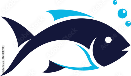 A stylized dark blue fish with a bright blue fin swims in clear water with three small bubbles rising from its mouth, representing aquatic life and a healthy environment