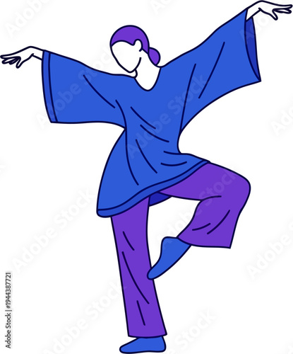 Graceful dancer in blue and purple attire performing a balanced pose, conveying elegance and movement