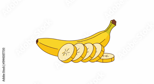 Bright yellow banana with slices on a white background