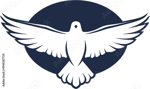 Stylized white dove with wings spread wide, soaring against a serene dark blue circle, embodying symbols of peace, freedom, and spiritual hope