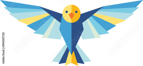 Abstract geometric bird logo with spread wings in blue and yellow, symbolizing freedom and creativity