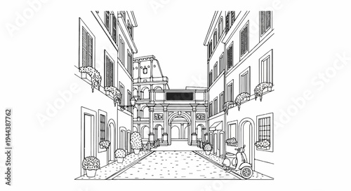 Cobblestone street leads to an ornate archway flanked by buildings