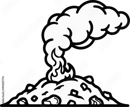 Cartoon pile of burning trash emitting large plumes of smoke
