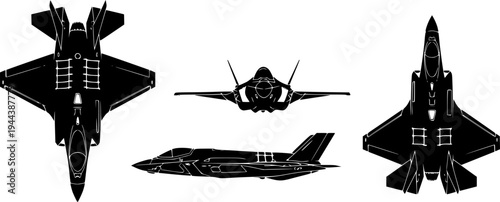 Set of icons of the fighter plane f35 line, silhouette, black color isolation, top, front and side view. F-35 Lightning II model. War plane icon.
