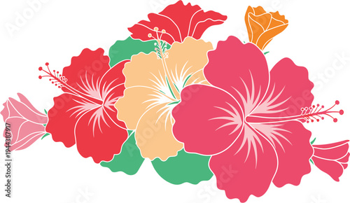 Vibrant tropical hibiscus flowers forming a seamless pattern, featuring a colorful array of blossoms in red, pink, and orange shades, perfect for summer backgrounds and island-inspired designs