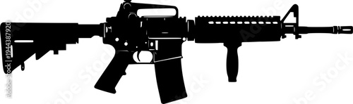 A black silhouette with cut-out contours of an AR-15 assault rifle in the stock version with a mechanical sight.
