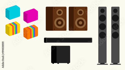 Various audio equipment including floor-standing speakers, bookshelf speakers, a soundbar, a subwoofer, and colorful geometric blocks on a white background.