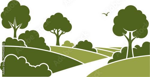 A picturesque countryside scene with rolling green hills, mature trees, and a winding path under a clear sky with a bird in flight, evoking tranquility and natural beauty