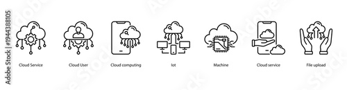 Cloud Solutions web banner icon vector illustration featuring Cloud Service, Cloud User, Cloud Computing, IoT, Machine, Cloud Service, and File Upload.