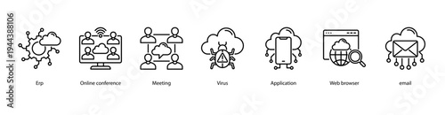 Digital Workspace web banner icon vector illustration featuring ERP, Online Conference, Meeting, Virus, Application, Web Browser, and Email.