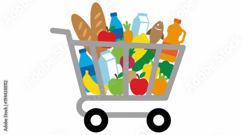 A cartoon illustration of a grey shopping cart overflowing with a diverse assortment of colorful groceries, including fresh produce, dairy, bread, and beverages, set against a white background.