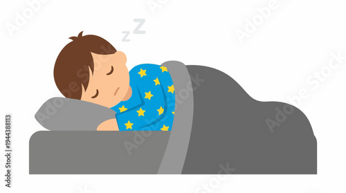 A cartoon boy with brown hair sleeping peacefully in bed under a grey blanket, wearing blue star-patterned pajamas, with Zzz symbols indicating deep sleep.