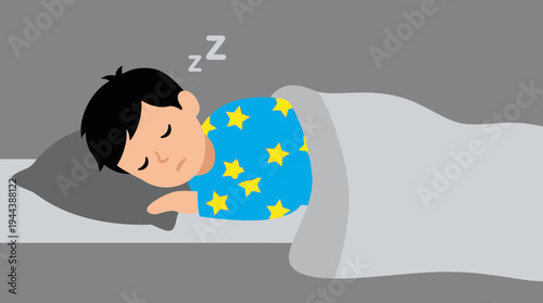 Cartoon illustration of a young boy with dark hair sleeping soundly in bed, wearing blue pajamas with yellow stars, under a grey blanket.