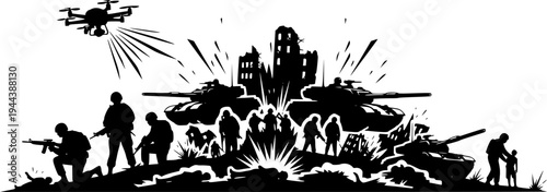 War icon in the form of a black silhouette, war icon with war victims, tanks, soldiers, drones, explosion and ruins from war, consequences of war vector.