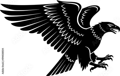 The logo of an eagle descending from the air to the ground or ready to grab its prey with its claws, an eagle icon in the form of a black patch.
