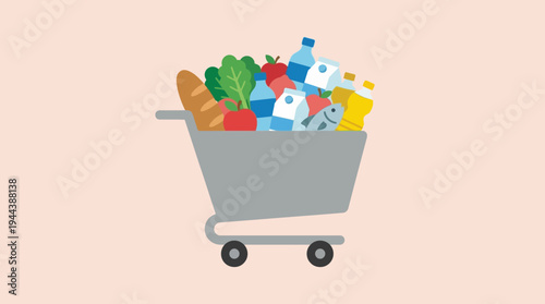 A gray shopping cart overflowing with a diverse selection of fresh groceries and packaged food items on a light background, depicting a successful shopping trip.
