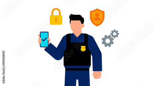 A security professional or IT expert holding a smartphone with a checkmark, surrounded by icons representing digital security, data protection, and system settings.