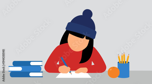 Illustration of a person wearing a blue beanie and red sweater, sitting at a desk and writing on paper with books and pencils nearby.
