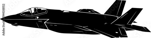F35 fighter jet icon in a unique style, made in the form of a black silhouette, F 35 aircraft icon with cockpit and pilot silhouettes.
