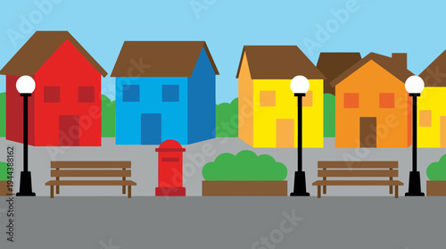 Vibrant cartoon street scene with colorful houses, street lamps, benches, and a post box under a clear blue sky, depicting a cheerful neighborhood.