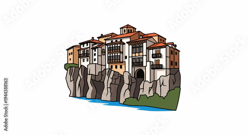 Buildings cling precariously to steep cliffs above a blue river