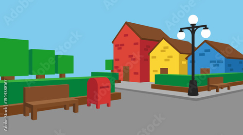 Cartoon street scene with colorful houses, benches, a red mailbox, green trees, and a street lamp under a blue sky.